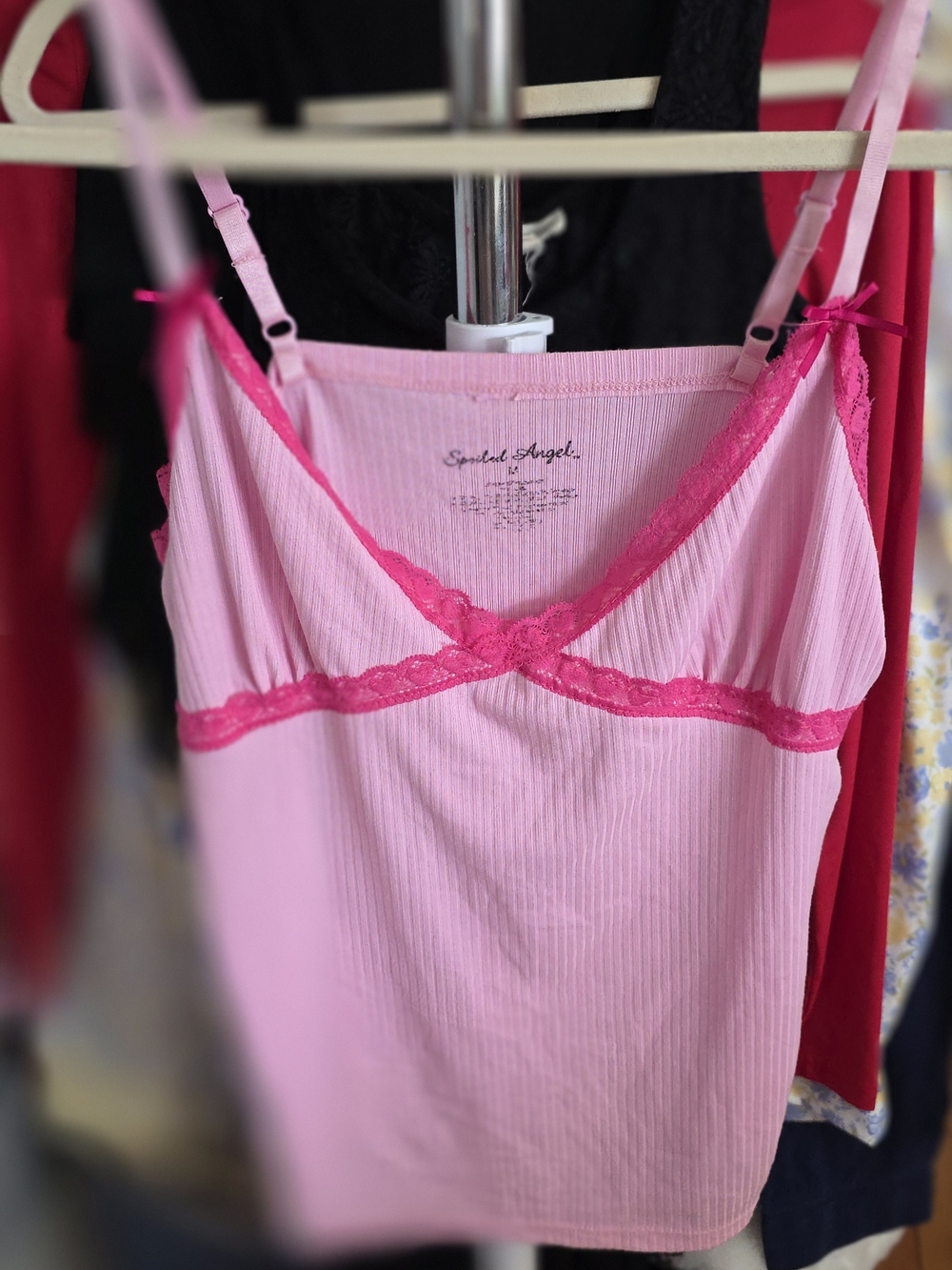 Light Pink Ribbed Camisole with Hot Pink Lace Trim